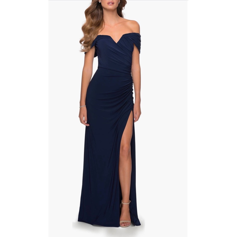 NWT La Femme 28389‎ Off the Shoulder Ruched Floor Length Gown Navy Sz 14 $368